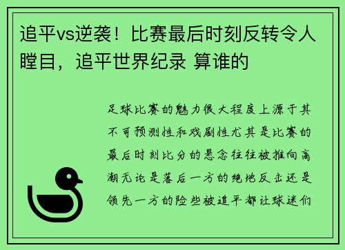 追平vs逆袭！比赛最后时刻反转令人瞠目，追平世界纪录 算谁的